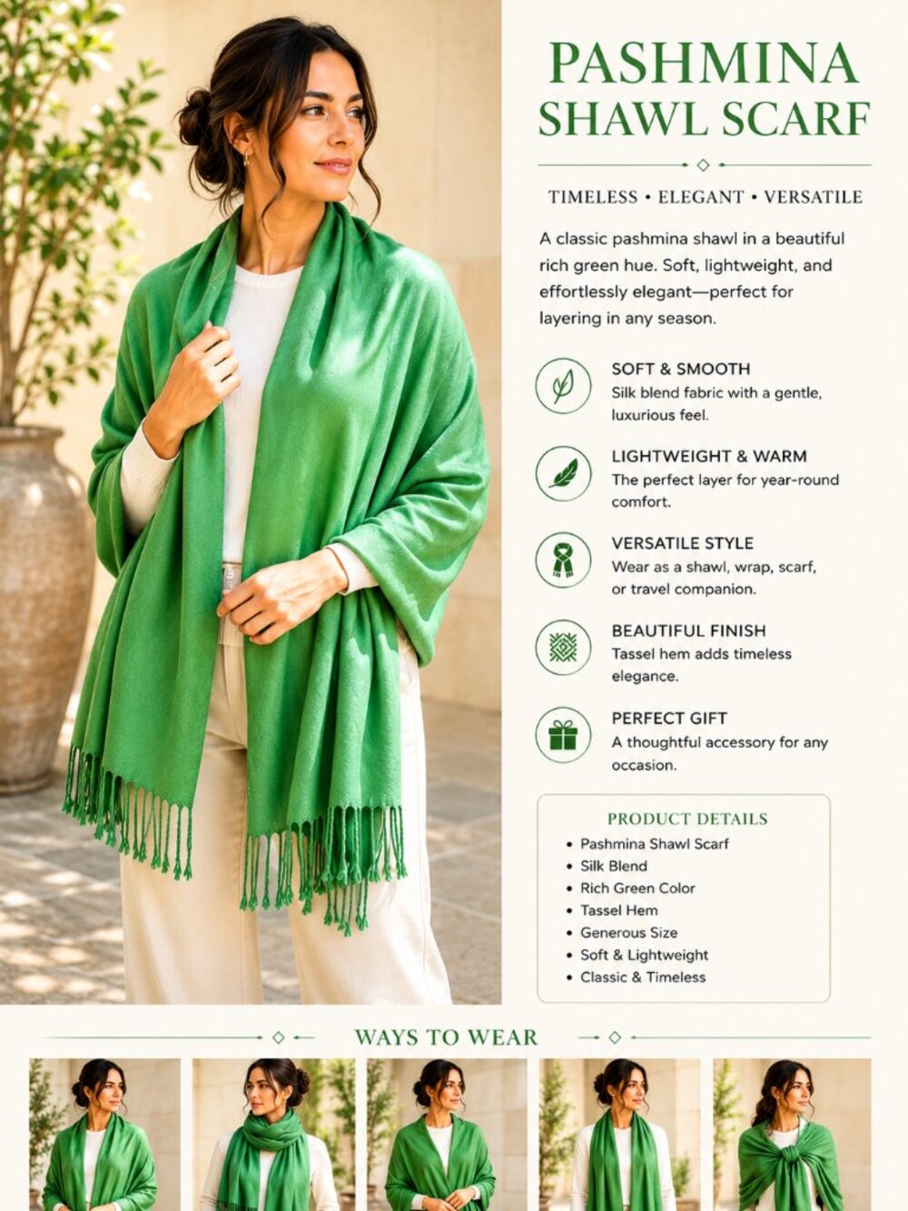 Green Pashmina Shawl Wrap Silk Blend Scarf Tassel Fringe Evening Wedding Travel - Picture 1 of 7